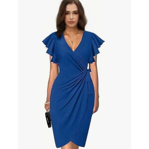 NEW Blue Deep V Neck Ruffle Sleeve Career Midi Dress M